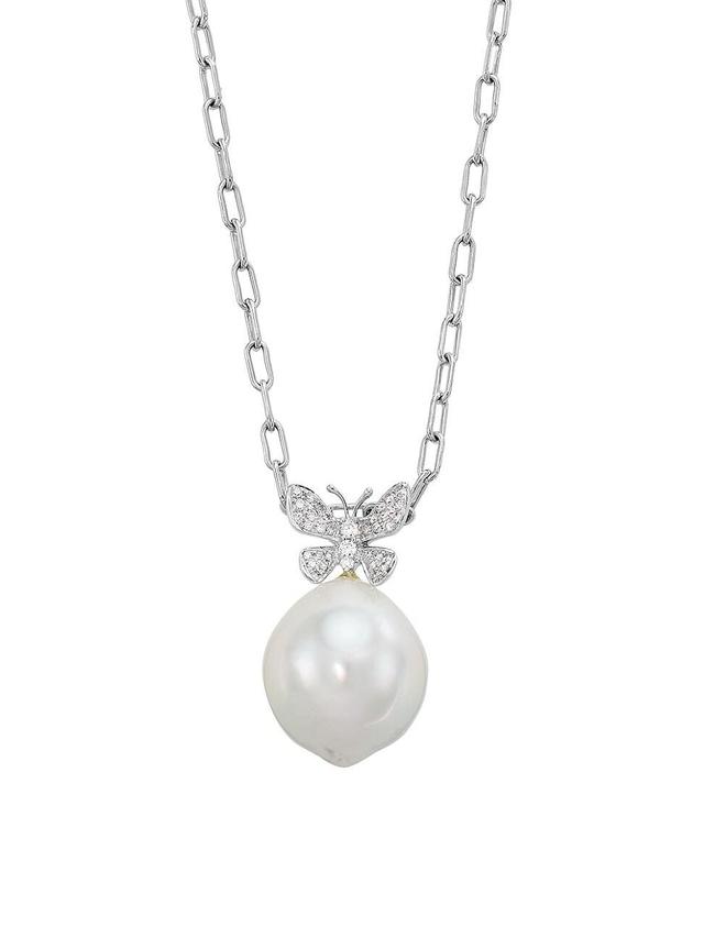 Womens 18K White Gold, Diamond & Pearl Pendant Necklace Product Image