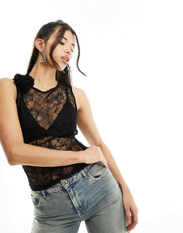 NA-KD x Julieta Padros rose detail lace top in black Product Image