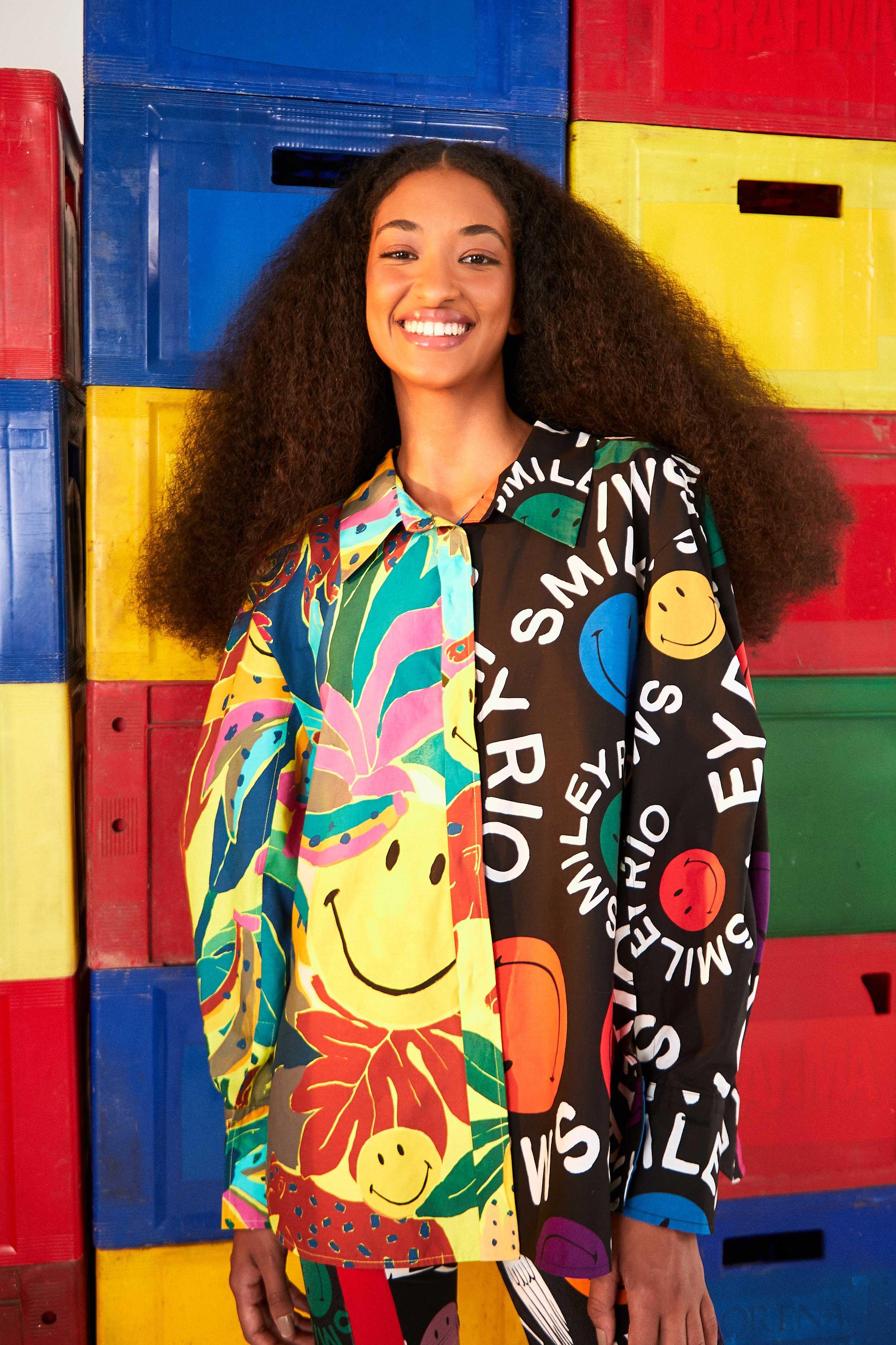 Mixed Prints Smiley Organic Cotton Shirt, MULTI / XS Product Image