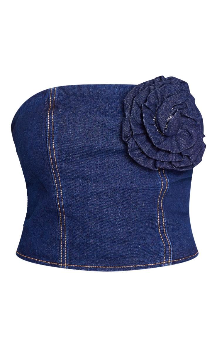 Indigo Blue Wash Flower Denim Bandeau Crop Top Product Image