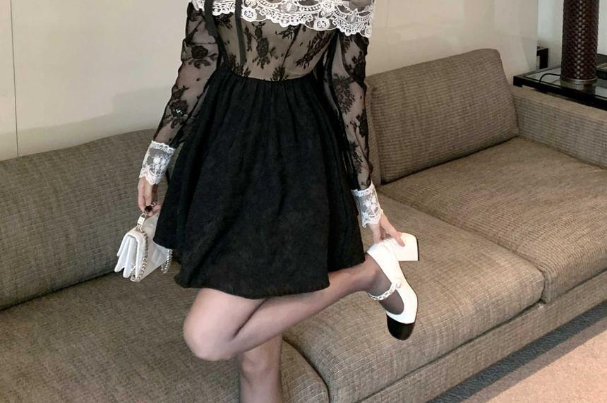 Off-The-Shoulder Long Sleeve Lace Trim Mini A-Line Dress Product Image