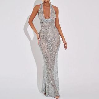 Sleeveless Plunged Glitter Maxi Mermaid Dress product image