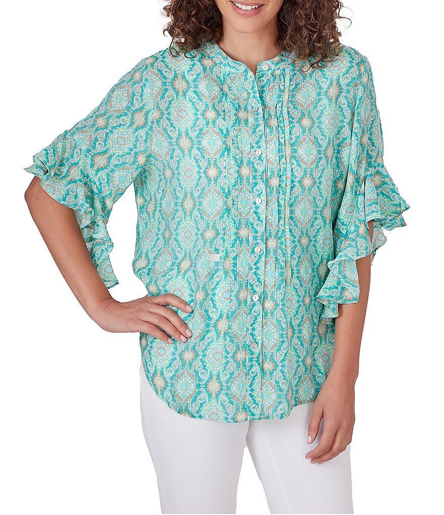 Ruby Rd. Petite Size Woven Ikat Geo Print Banded Collar Short Ruffled Sleeve Button-Front Top Product Image