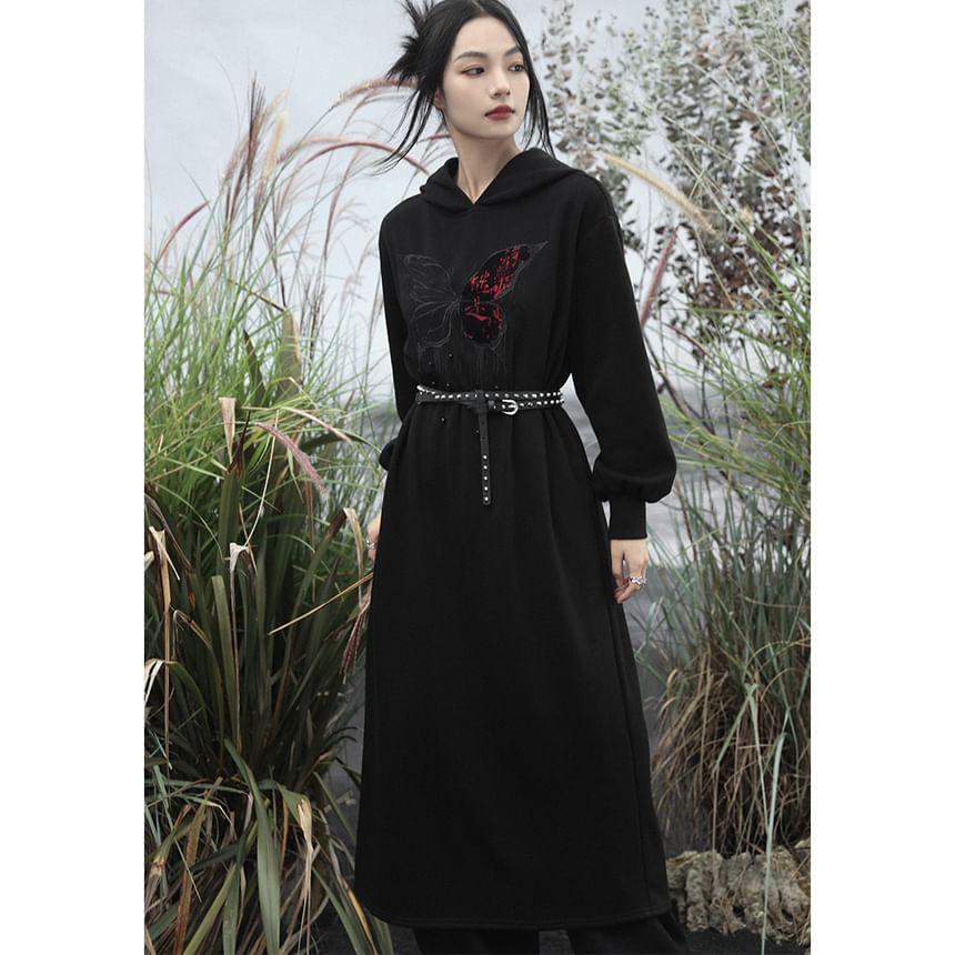 Long-Sleeve Butterfly Embroidered Maxi Hoodie Dress Product Image