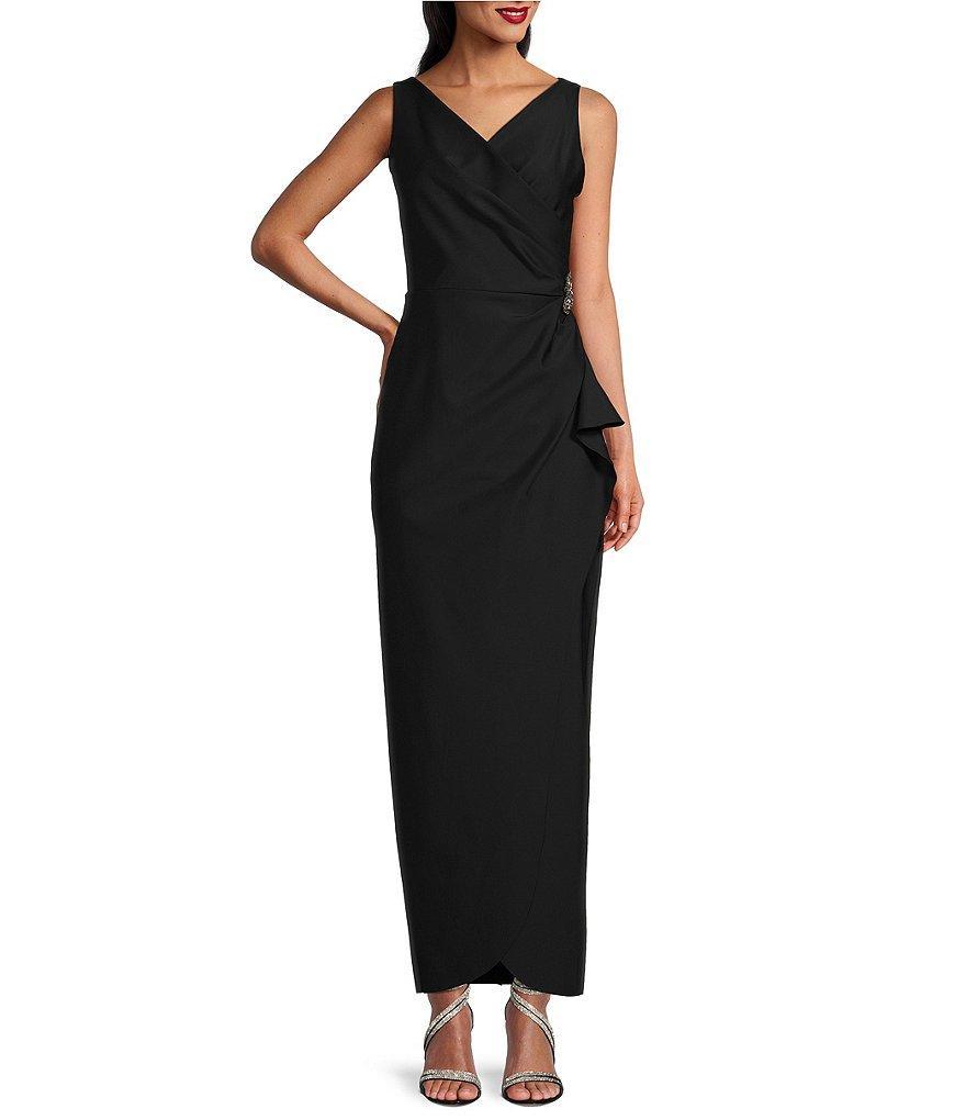 Alex Evenings Sleeveless Surplice V-Neck Beaded Detail Ruched Ruffled Sheath Gown Product Image