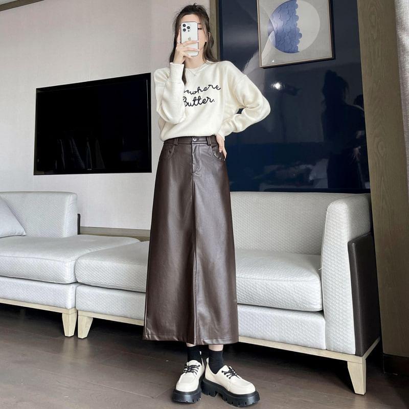 High Waist Plain Slit Faux Leather Midi A-Line Skirt Product Image