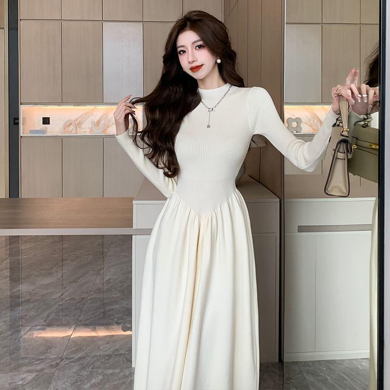 Long Sleeve Mock Neck Plain Gathered Knit Midi A-Line Dress Product Image