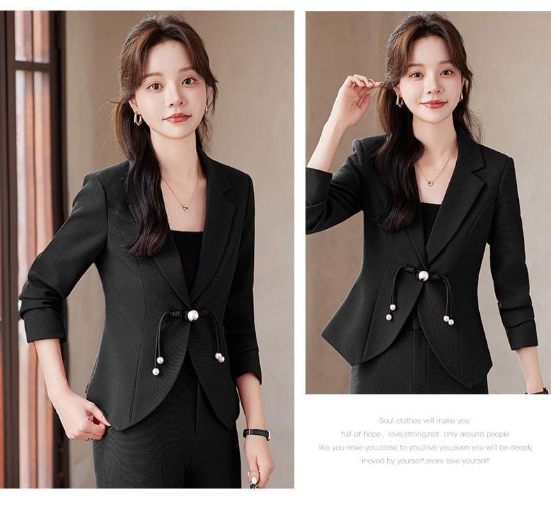 Lapel Collar Plain Single Button Blazer / Mid Rise Plain Flared Slacks / Set Product Image