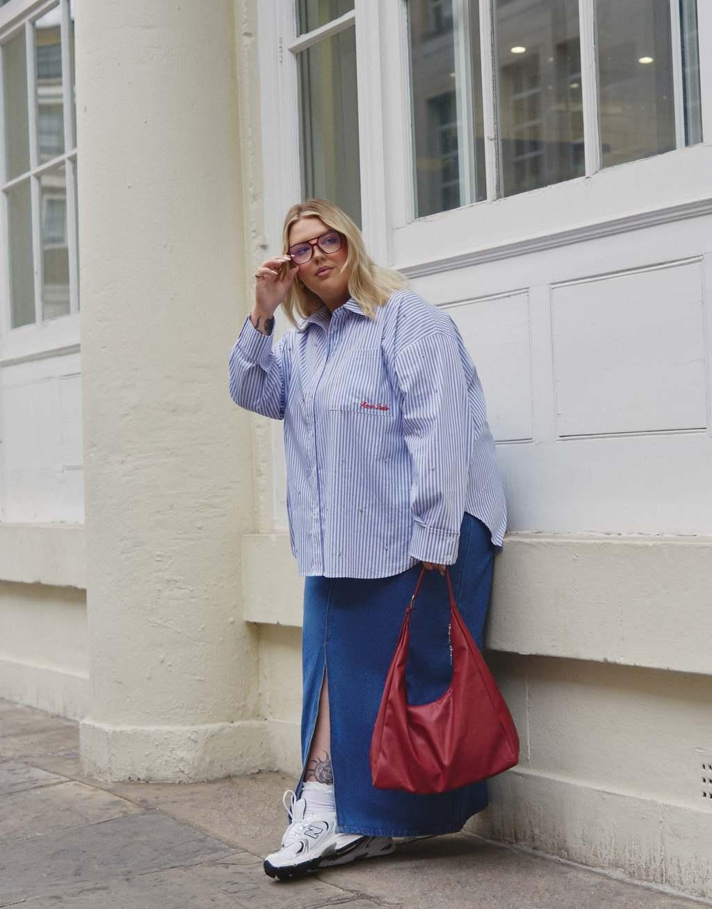 Renee Studio x Holly Wynne exclusive crystal embellished oversized embroidered logo shirt in blue stripe Product Image