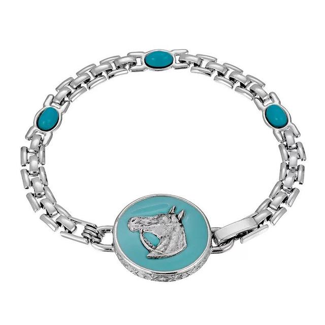 1928 Silver Tone Simulated Turquoise Enamel Horse Medallion Bracelet, Womens Product Image