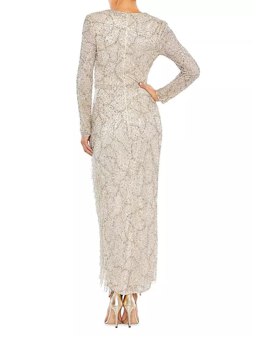 Embellished Long-Sleeve V-Neck Beaded-Hem Gown Product Image