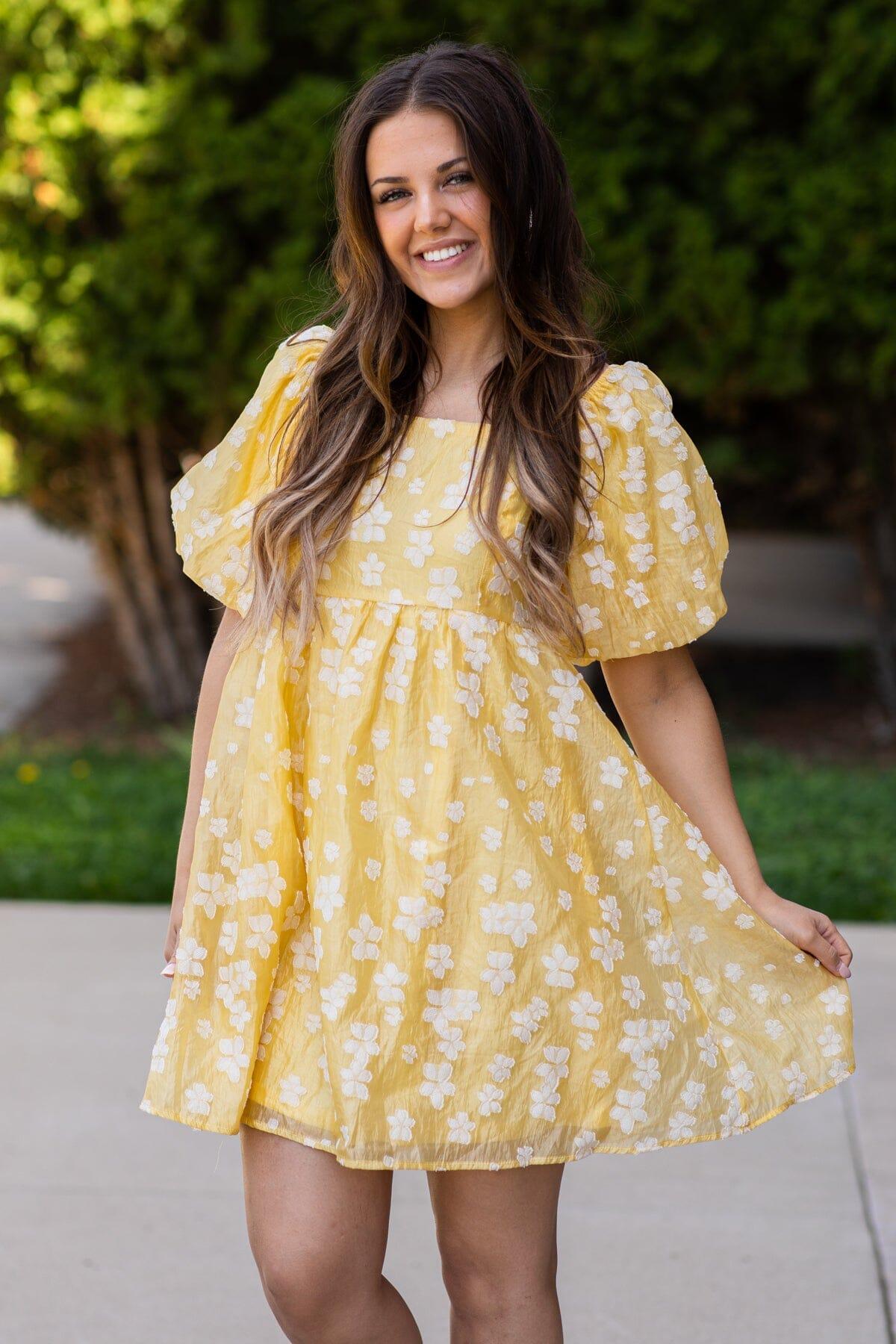 Pastel Yellow Floral Puff Sleeve Dress Product Image