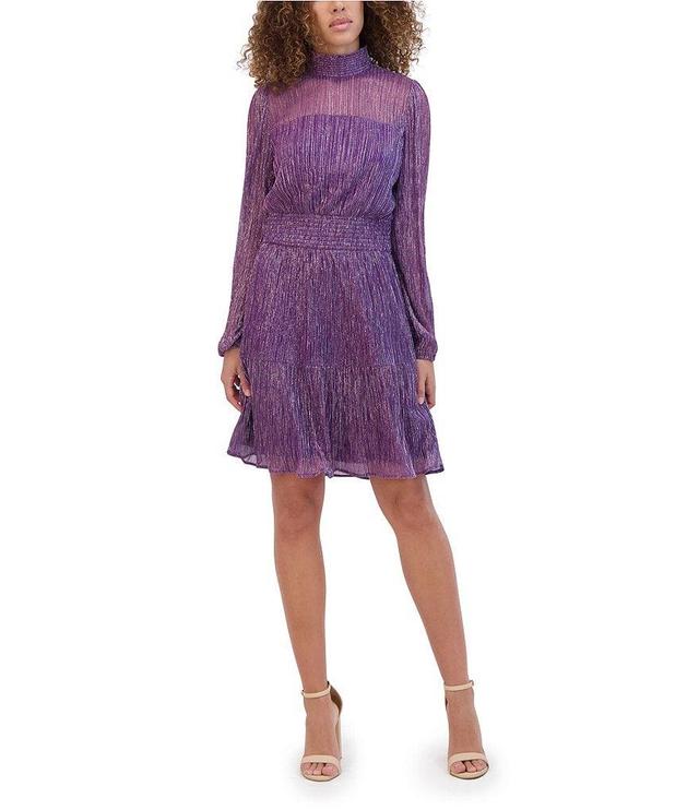 Kensie Mock Neck Illusion Sleeve Shimmer Knit Blouson Dress Product Image