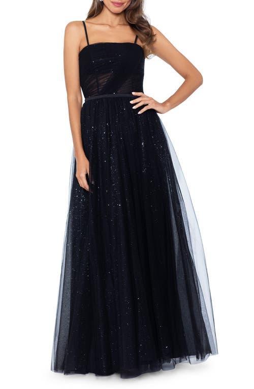 Betsy & Adam Long Glitter Mesh Ballgown Women's Dress Product Image