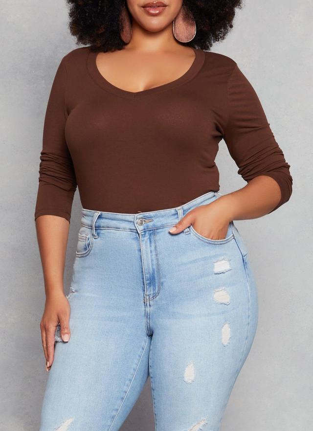 Womens Plus Size Basic Long Sleeve V Neck Tee Product Image