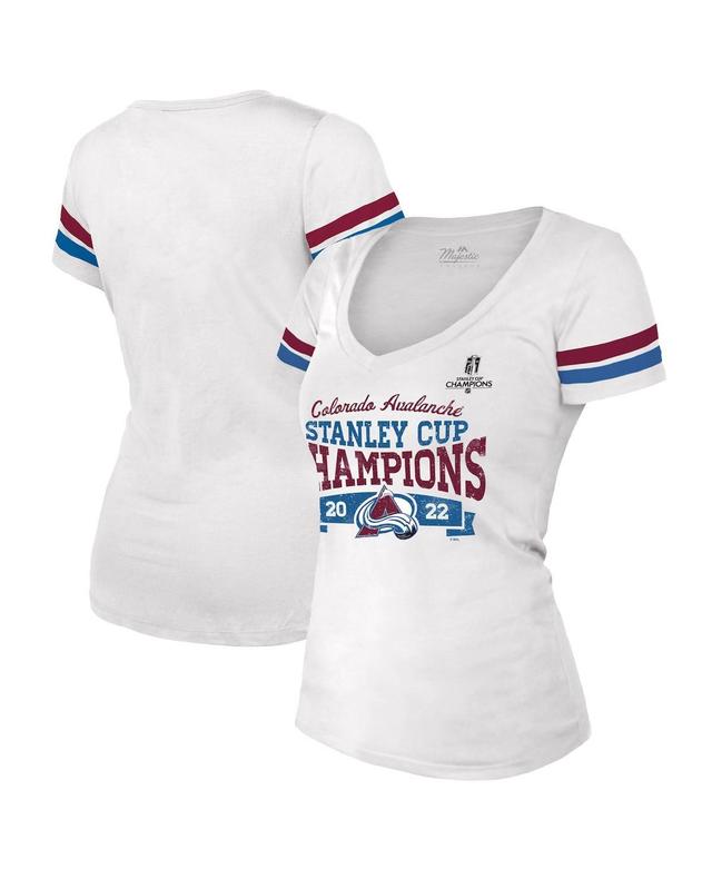 Womens Majestic Threads White Colorado Avalanche 2022 Stanley Cup Champions Striped V-Neck T-shirt Product Image