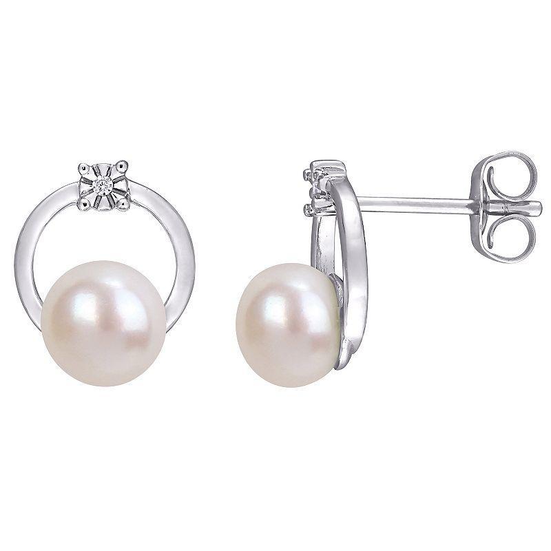 Stella Grace 10k White Gold Freshwater Cultured Pearl & Diamond Accent Circle Stud Earrings, Womens Product Image