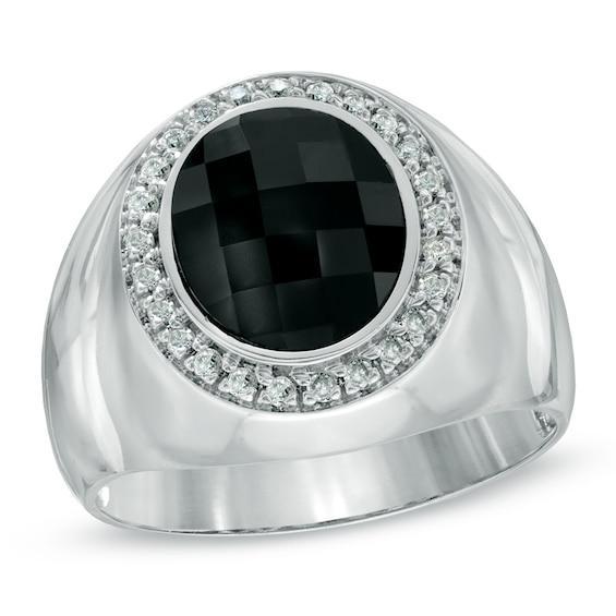 Men's Oval Onyx and 1/4 CT. T.w. Diamond Frame Ring in 10K White Gold Product Image