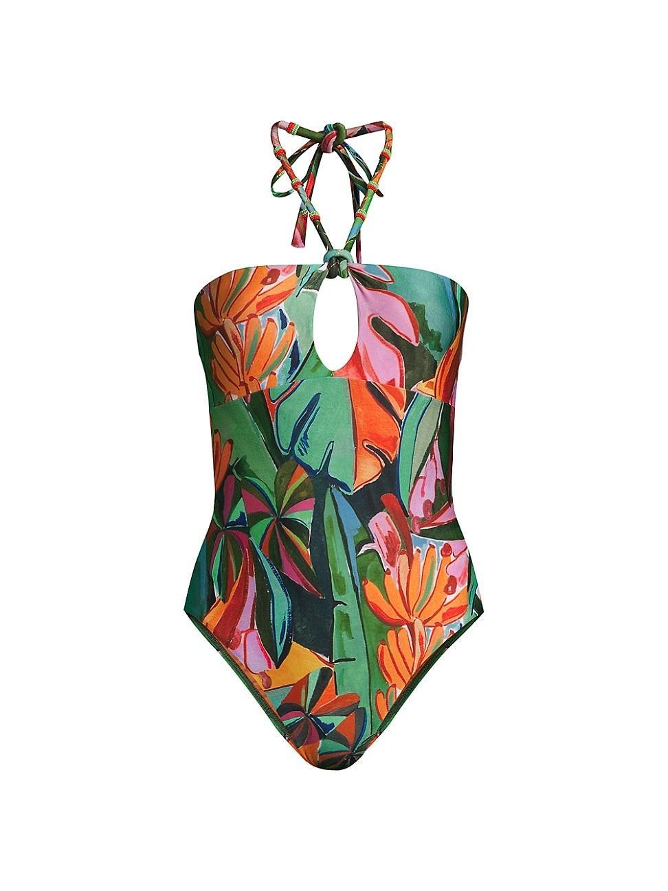 Womens Banana Foliage Halter One-Piece Swimsuit Product Image