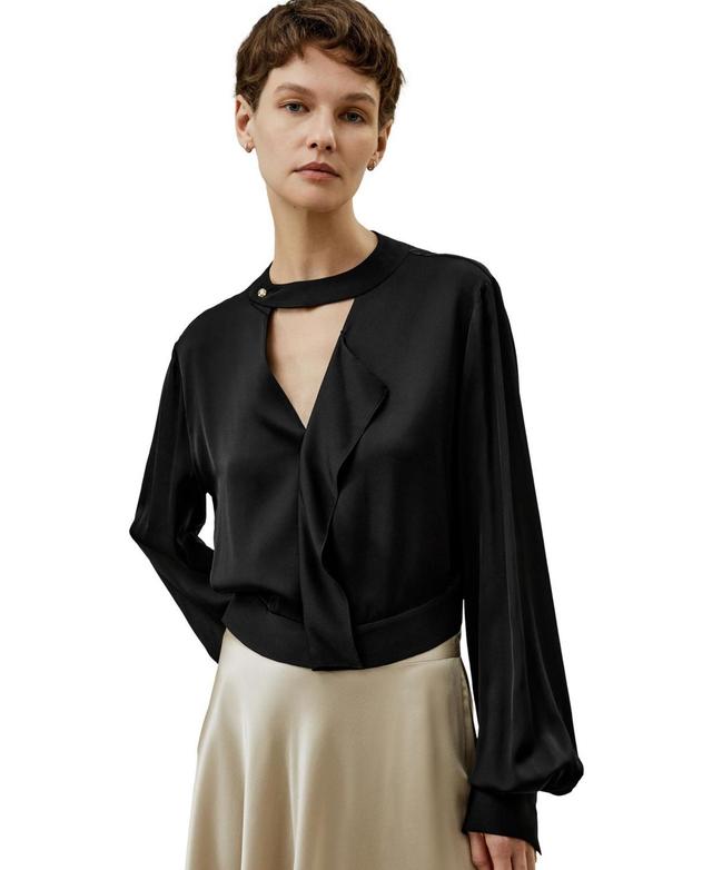 V Neck Collared Silk Shirt for Women Product Image