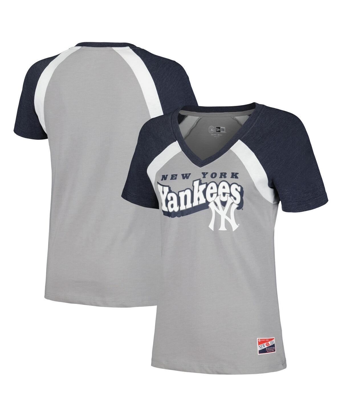 New Era Womens Gray New York Yankees Heathered Raglan V-Neck T-Shirt Product Image