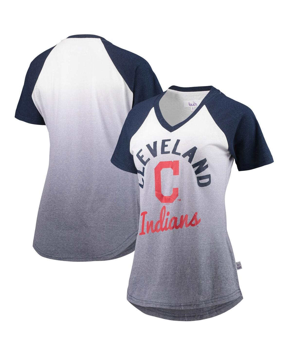 Womens Navy and White Cleveland Indians Shortstop Ombre Raglan V-Neck T-shirt - Navy Product Image