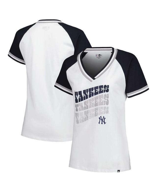 New Era Womens White New York Yankees Jersey Double Binding Raglan V-Neck T-Shirt Product Image