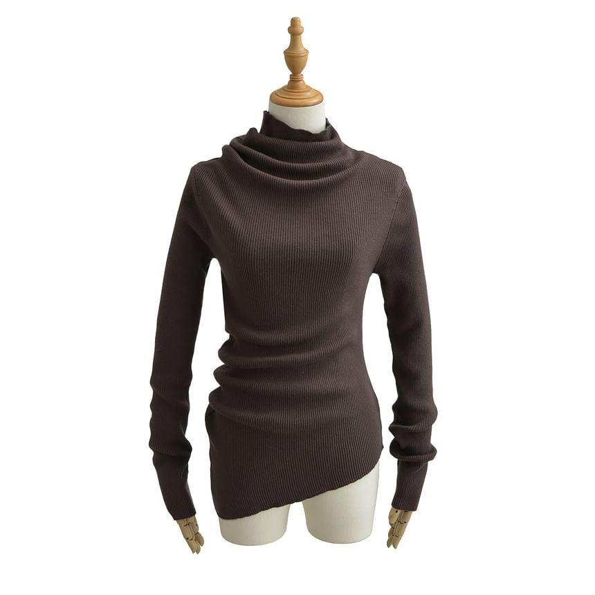 Long-Sleeve High Neck Asymmetrical Ribbed Knit Top Product Image