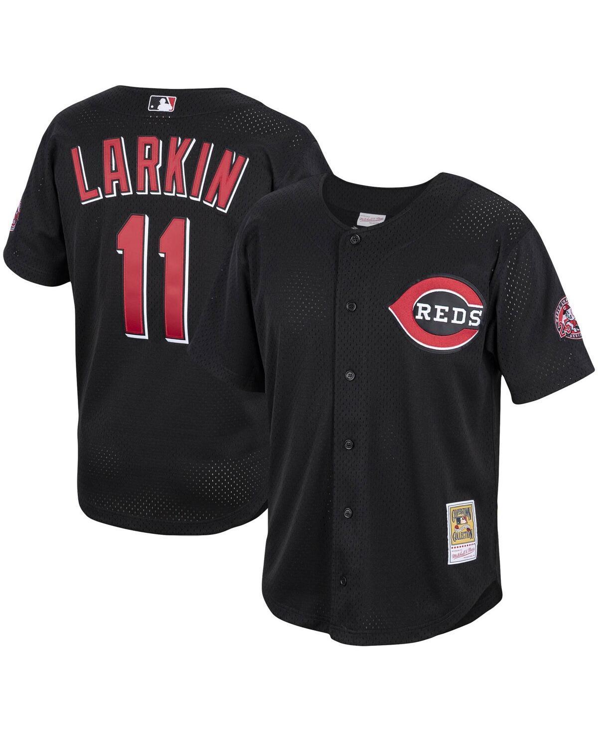 Mens Mitchell & Ness Barry Larkin Black Cincinnati Reds Cooperstown Collection Mesh Batting Practice Button-Up Jersey Product Image