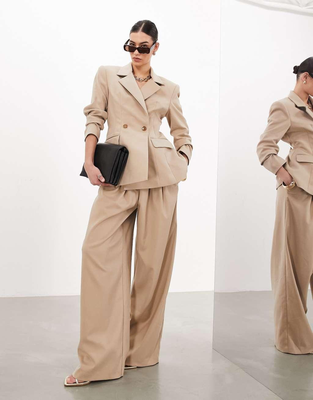 ASOS EDITION super wide leg pleat front pants in stone product image