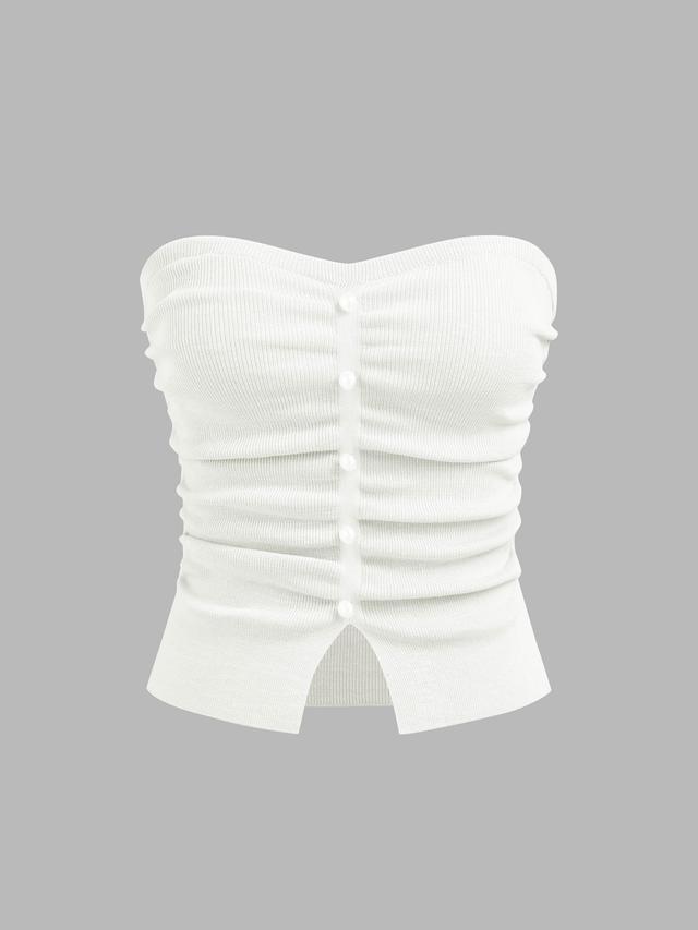 Faux Pearl Split Ruched Knit Crop Top Product Image