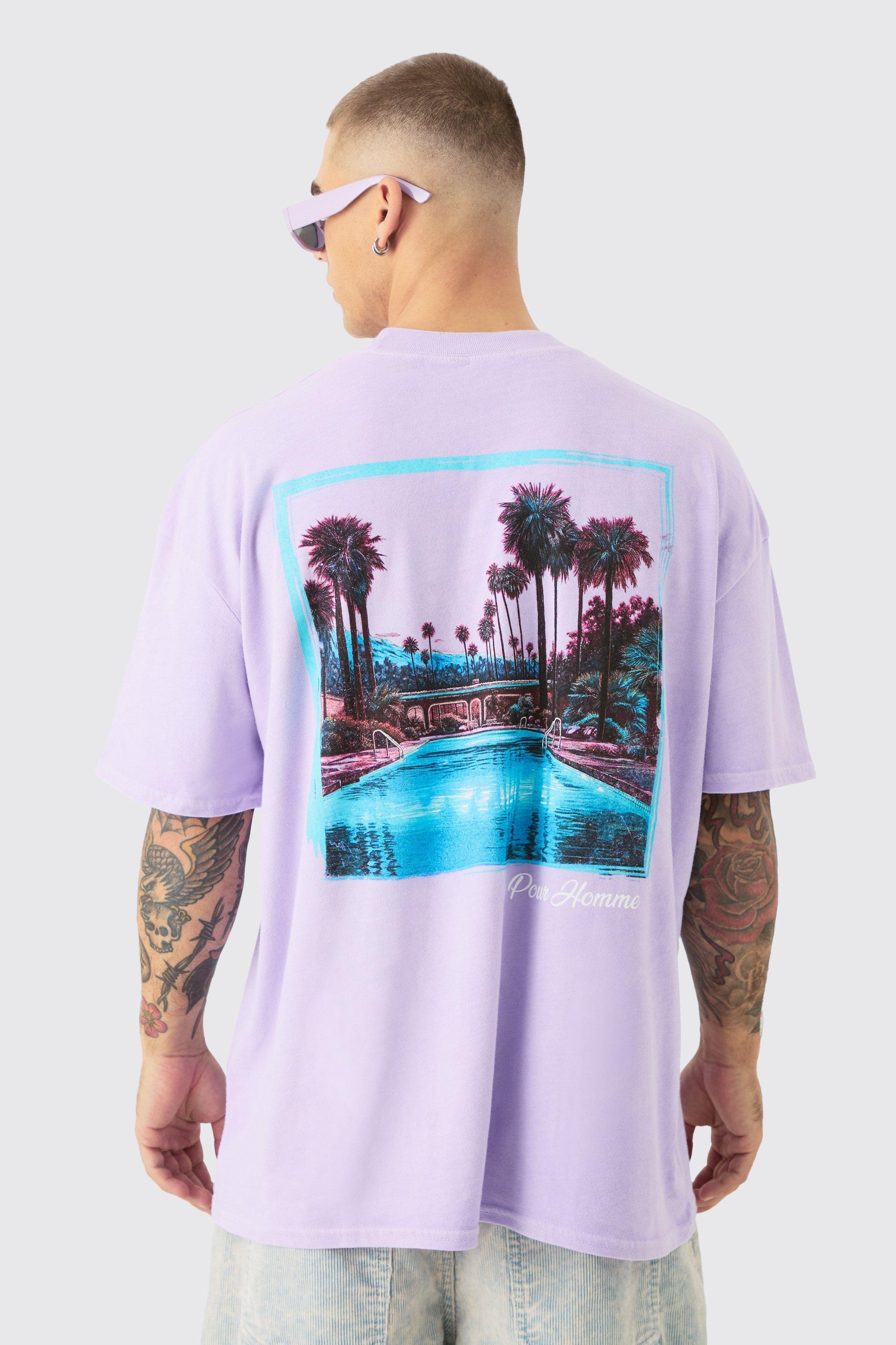 Mens Purple Oversized Landscape Picture Back Print T-shirt, Purple Product Image