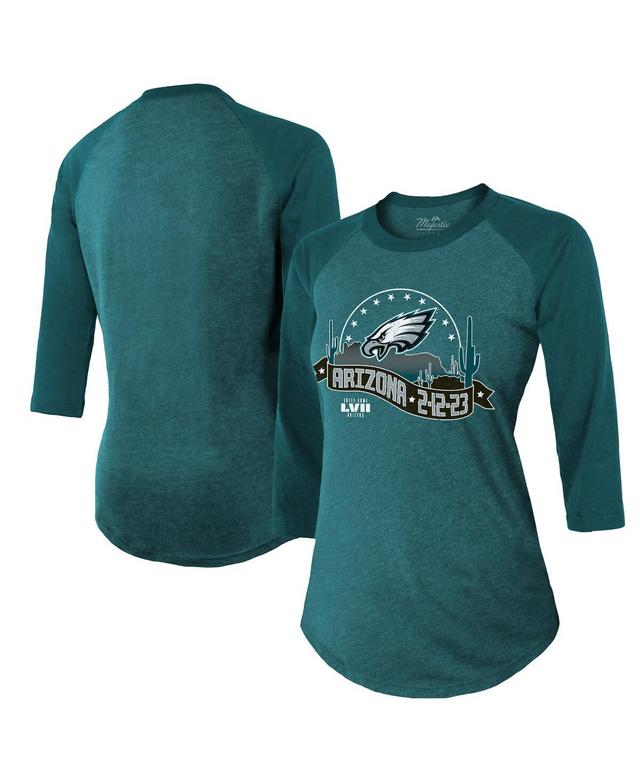 Womens Majestic Threads Midnight Green Philadelphia Eagles Super Bowl Lvii Desert Tri-Blend Raglan 3/4 Sleeve T-shirt Product Image