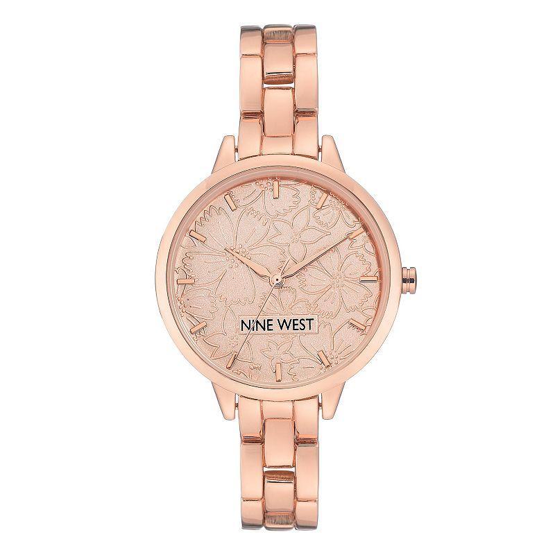 Nine West Womens Rose Gold Tone Bracelet Watch with Etched Flower Dial Pink Product Image