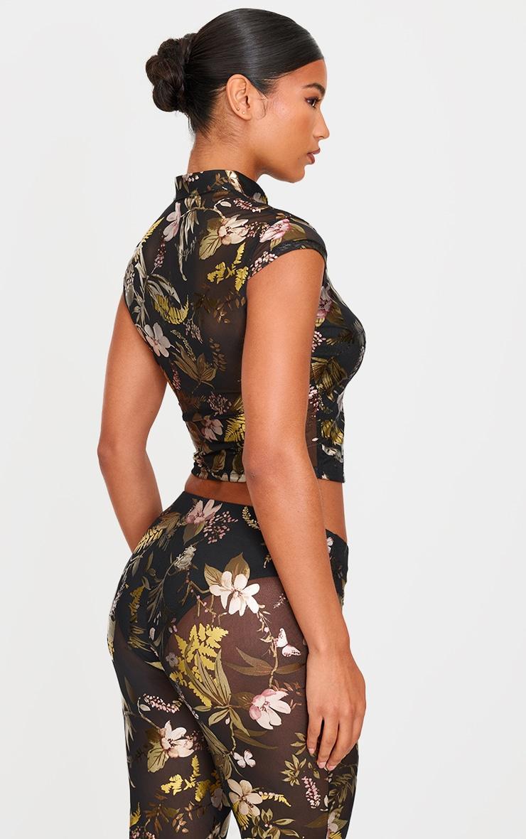 Black Floral Foil Printed Mesh Band Collar Crop Top Product Image