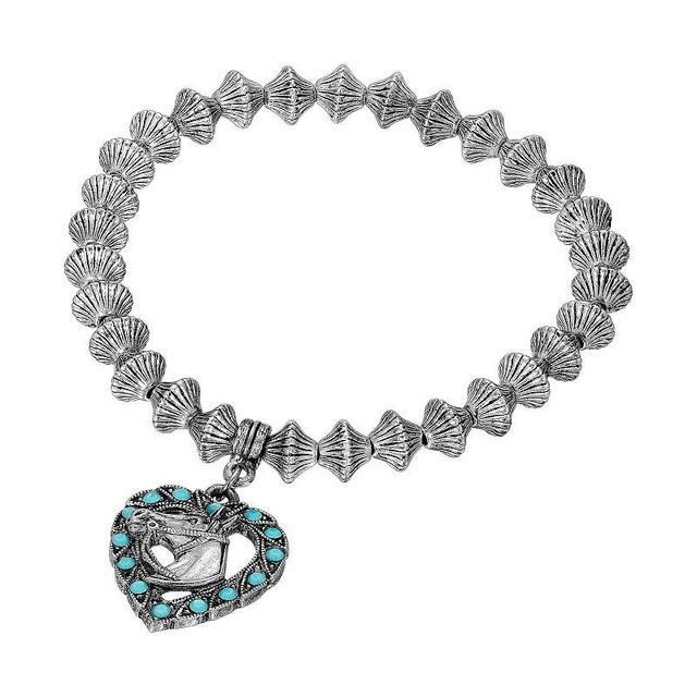 1928 Pewter Tone Turquoise Crystal Horse Head Heart Bracelet, Womens, Blue Product Image