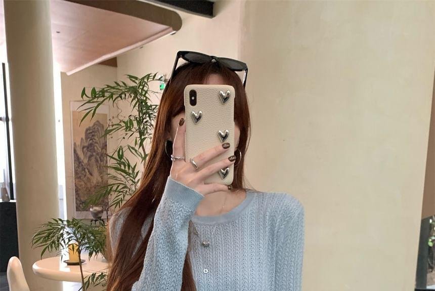 Long-Sleeve Crewneck Plain Knit Top Product Image