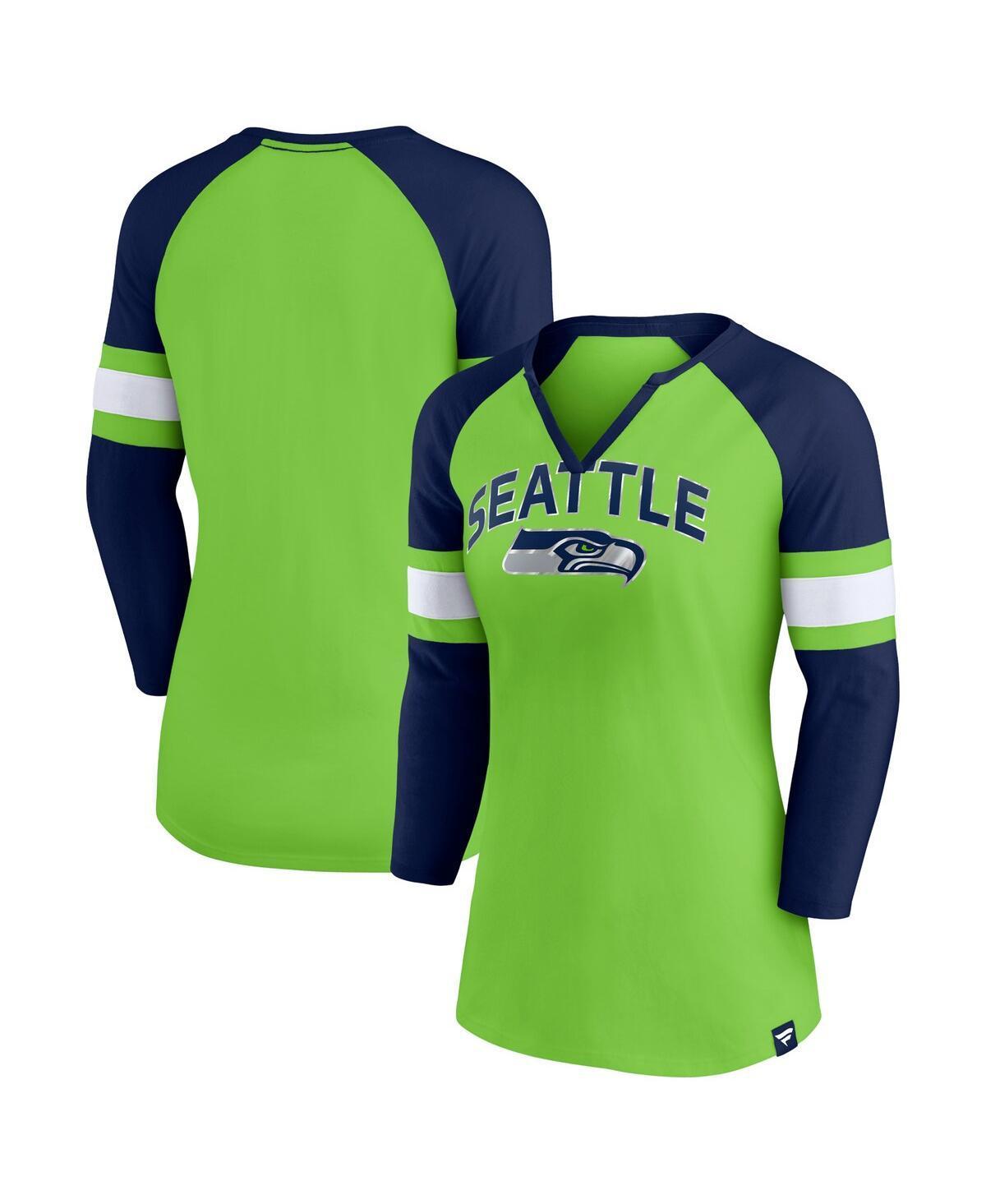 Womens Fanatics Branded Neon Green/College Navy Seattle Seahawks Arch Raglan 3/4-Sleeve Notch Neck T-Shirt Product Image