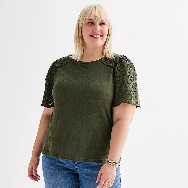 Plus Size Chelsea & Theodore Scoop Neck Short Eyelet Sleeve Top, Womens Product Image