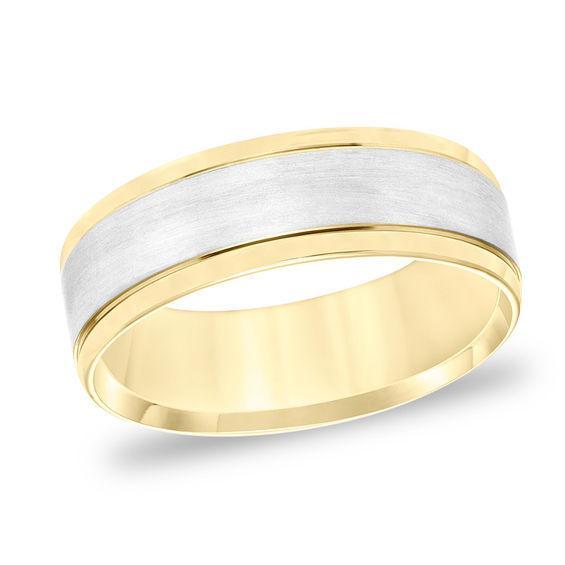 Men's 7.0mm Comfort-Fit Brushed Center Wedding Band in 14K Two-Tone Gold Product Image