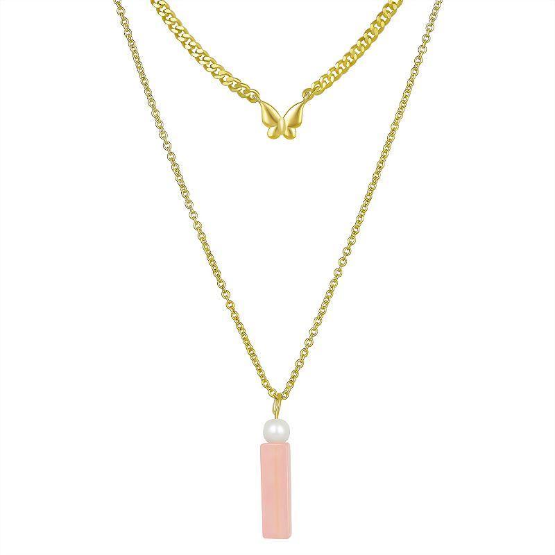 Rose Quartz Butterfly Double Layer Pendant Necklace, Womens, Pink Product Image