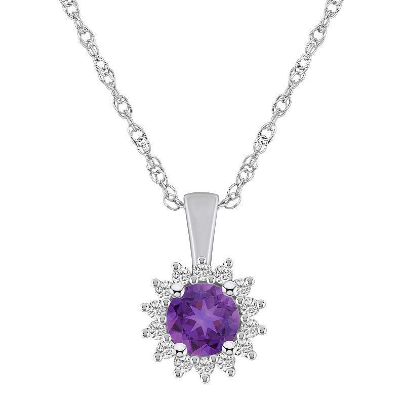 Alyson Layne 14k White Gold Round Amethyst & 1/4 Carat T.W. Diamond Halo Pendant Necklace, Womens Product Image