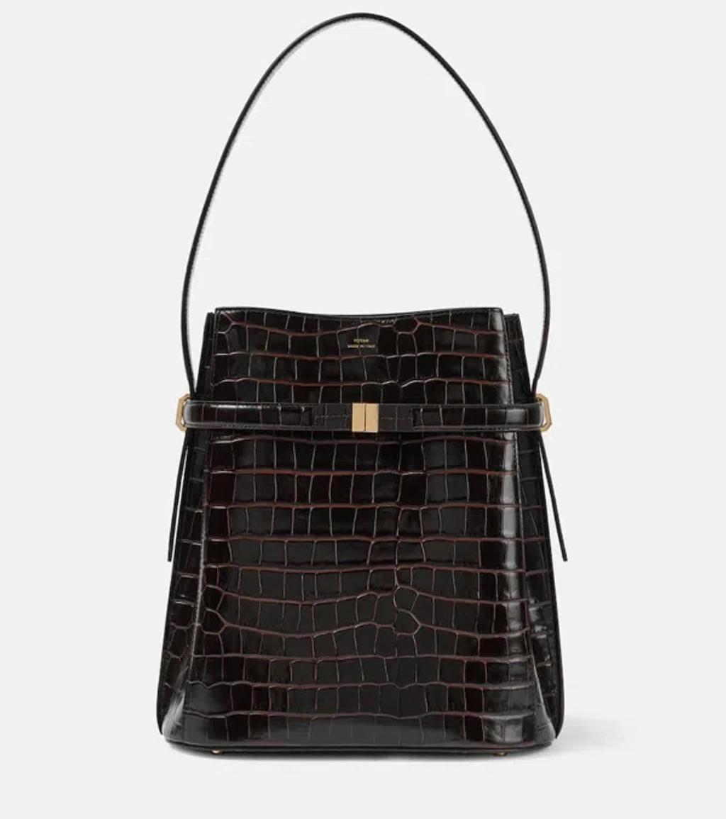 Belted Croco-embossed Bucket Bag Dark Brown Product Image