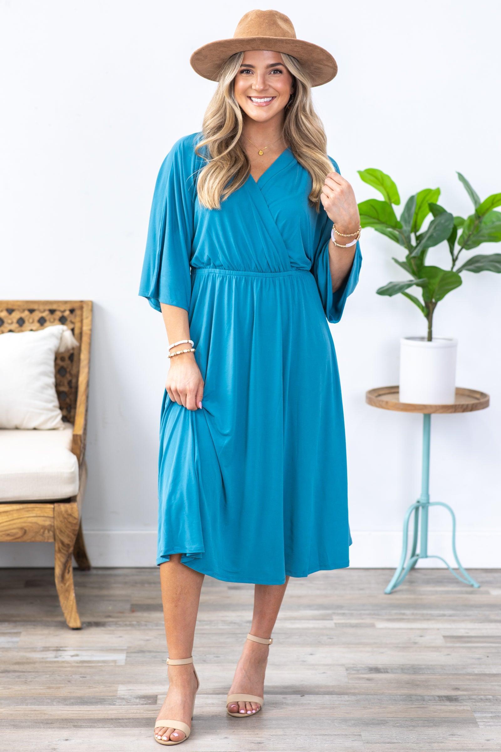 Dusty Teal Surplice Midi Dress Product Image