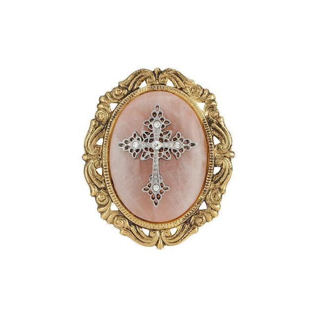 Symbols Of Faith Gold Tone Crystal Cameo Cross Brooch, Womens, Pink Product Image