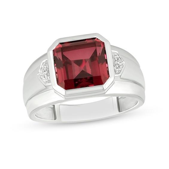 Men's 10.0mm Cushion-Cut Lab-Created Ruby and Diamond Accent Raised Collar Ring in Sterling Silver Product Image