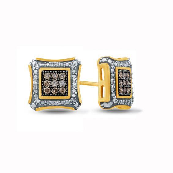 Men's 1/5 CT. T.w. Champagne and White Composite Diamond Cushion Frame Stud Earrings in 10K Gold with Black Rhodium Product Image