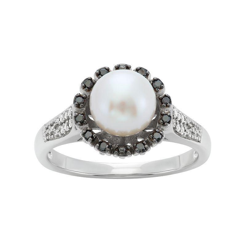 Freshwater Cultured Pearl 18 Carat Black White Diamond Sterling Silver Flower Ring, Womens Product Image