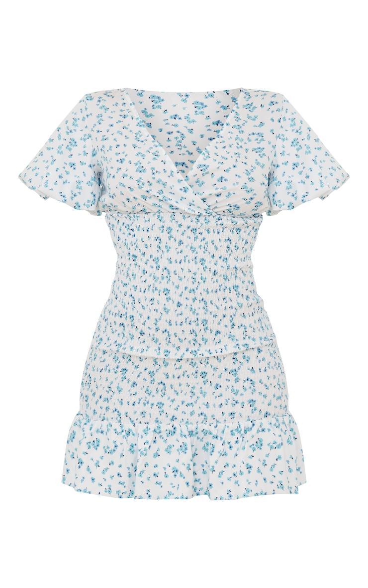 Blue Ditsy Floral Print Shirred V Neck Bodycon Dress Product Image