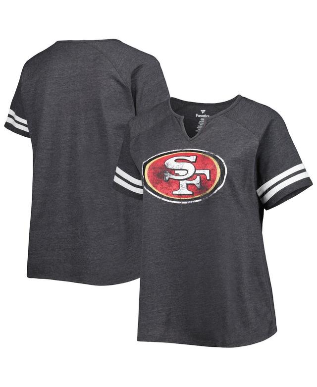 Womens Fanatics Branded Heather Charcoal San Francisco 49ers Plus Size Logo Striped Raglan Notch Neck T-Shirt Product Image